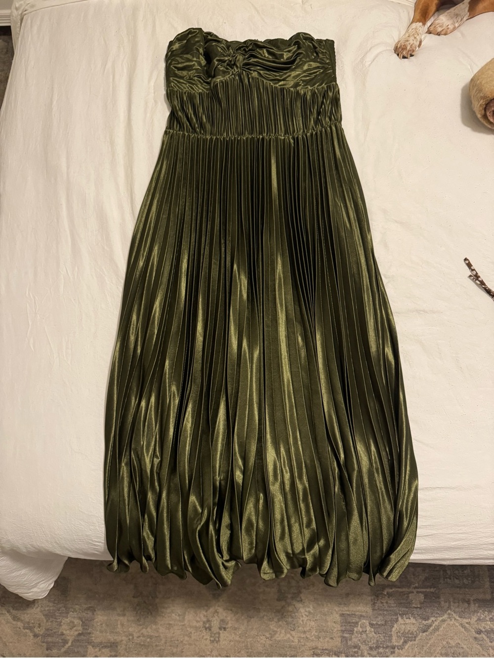 Olive Green Strapless Pleated Satin Maxi Dress
